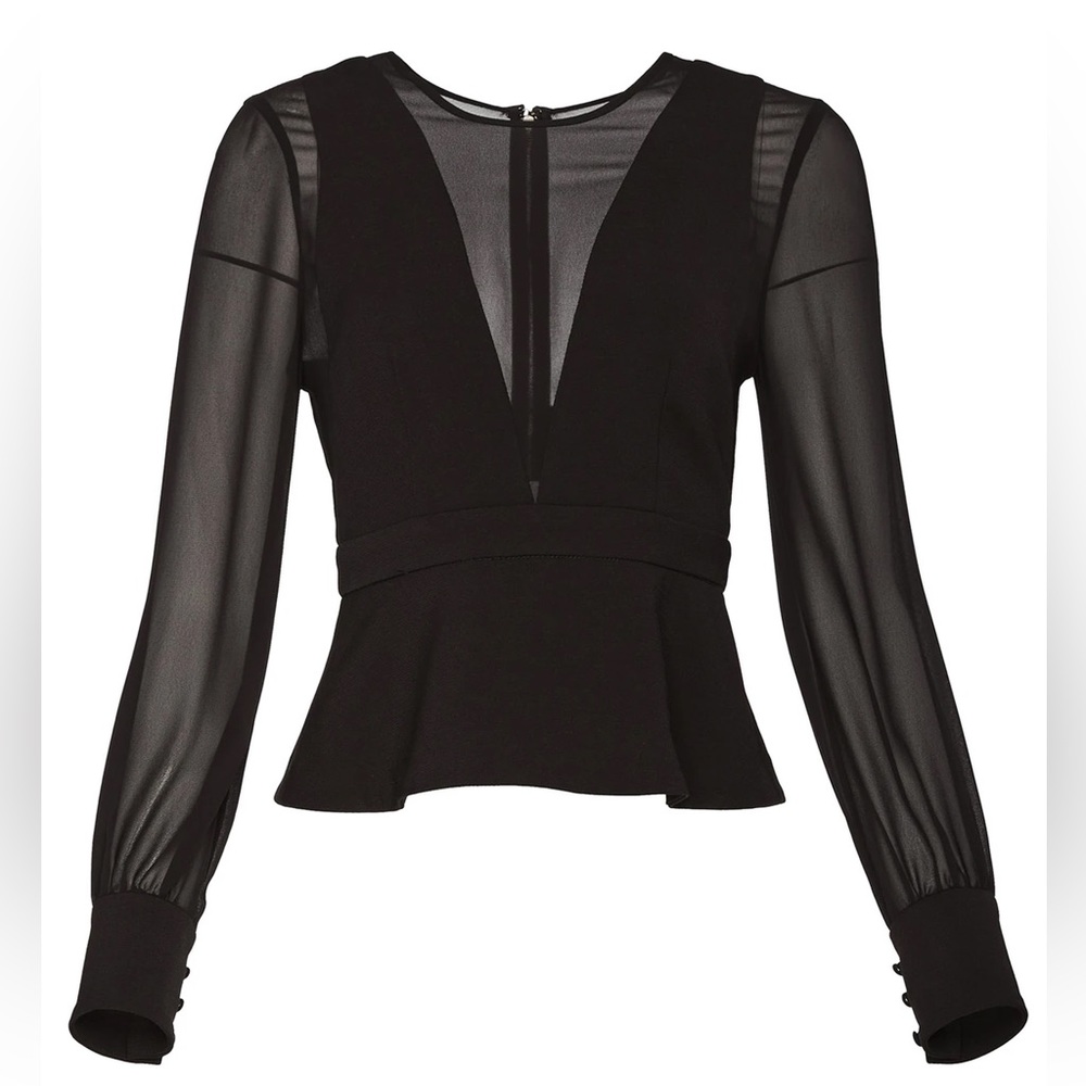 BCBGMAXAZRIABCBG Women's V Neck Mesh Peplum Top - Black